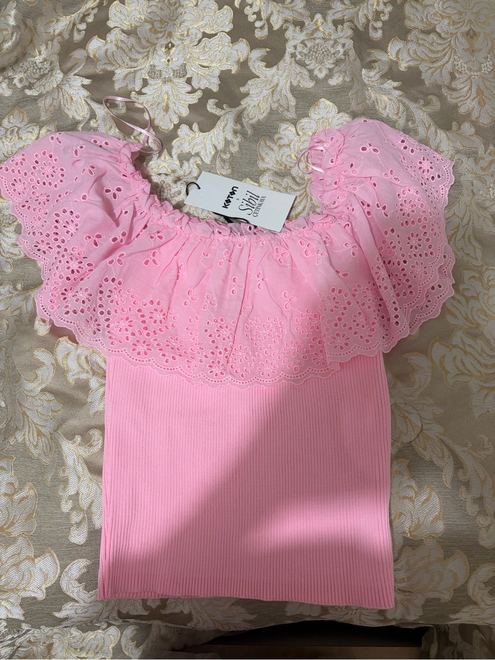 Pink Eyelet Off-Shoulder Top